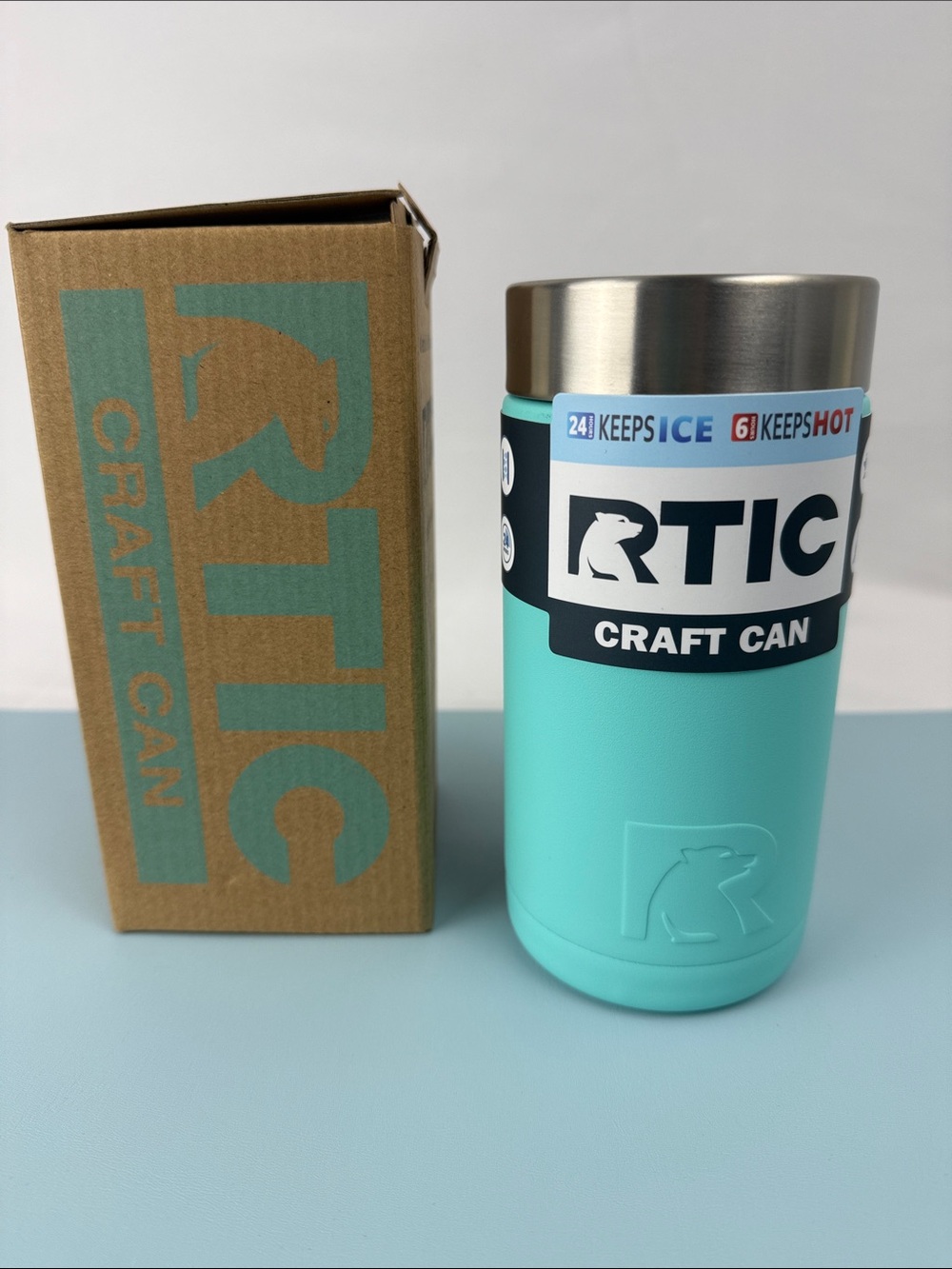 RTIC Craft Can cooler- Teal Stainless travel lake beach